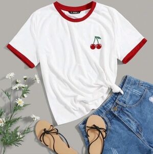 SHEIN White T-Shirt with Red Trim and Cherry Embroidery